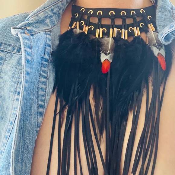 Boho Leather Full Feather Statement Necklace - Picture 2 of 3